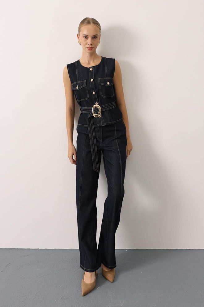 Reyon Rinkinys Tamsiai Mėlyna Elegantiškas Kasdienis Bootcut Komplektas Didmeninė prekyba drabužiais Kokteilinė