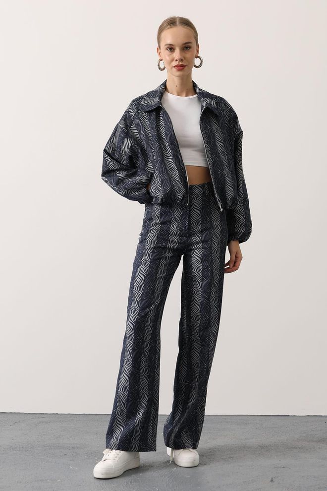 Reyon Σετ Μπλε Μαρέν Παλάτσο Με Ζεβρέ Μοτίβο Χονδρικό εμπόριο ενδυμάτων Casual