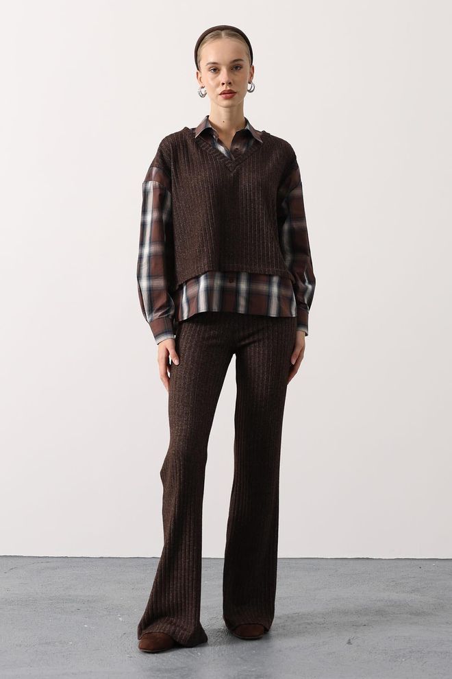 Reyon جلس بني أنيق منقوش بتصميم عتيق ملابس بالجملة غير رسمي