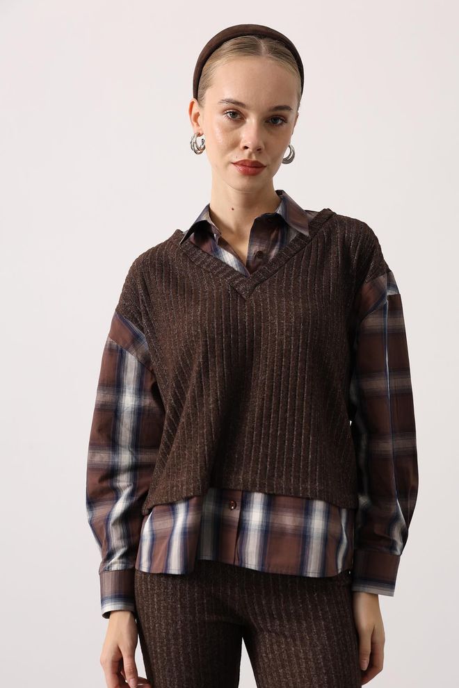 Reyon جلس بني أنيق منقوش بتصميم عتيق ملابس بالجملة صالة