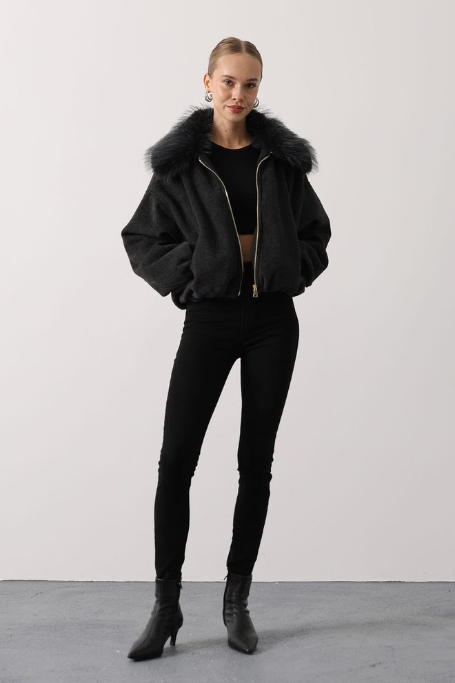 Reyon Giacca Bomber Nera Con Collare Dentellato Abbigliamento all'ingrosso Casuale