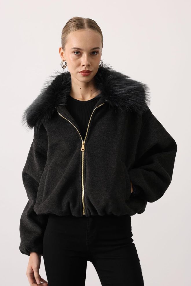 Reyon Jaqueta Bomber Preta Com Colar Entalhado Roupas por atacado Trabalho