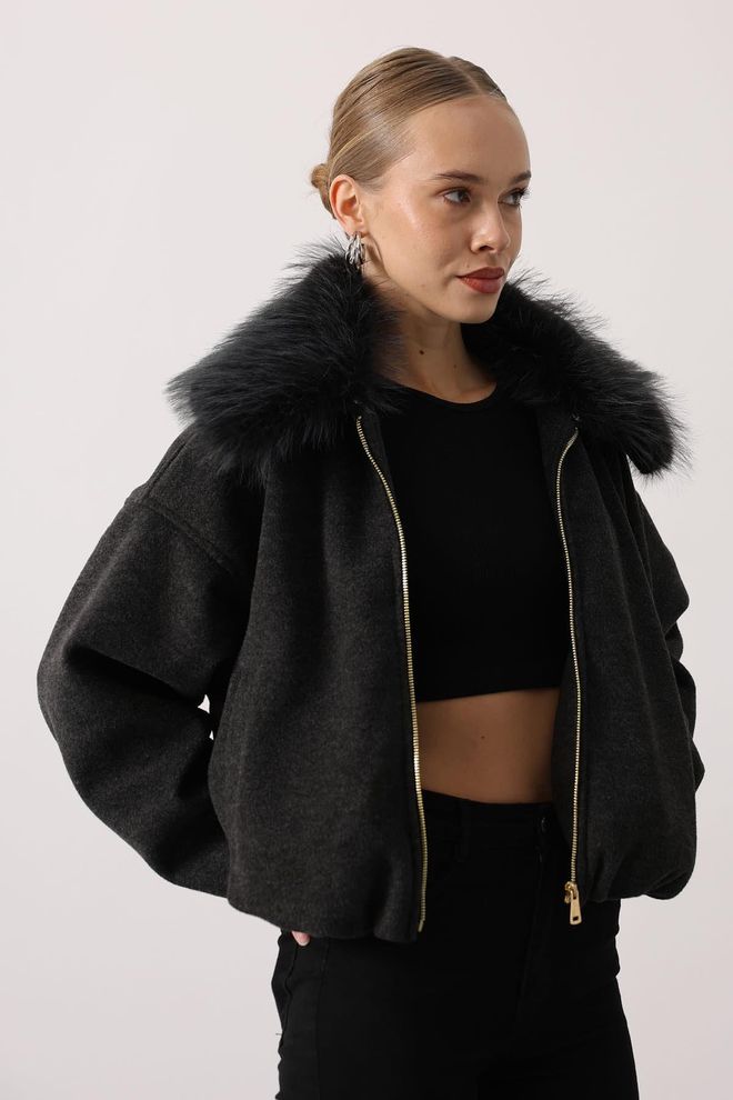 Reyon Jaqueta Bomber Preta Com Colar Entalhado Roupas por atacado 1