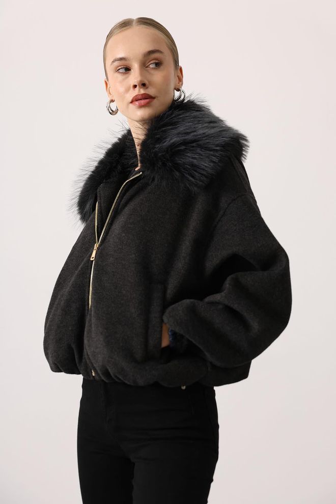 Reyon Jaqueta Bomber Preta Com Colar Entalhado Roupas por atacado Outono