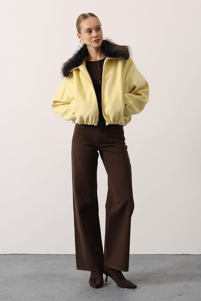 Reyon Jaqueta Bomber Amarela Com Colar Entalhado Roupas por atacado Casual