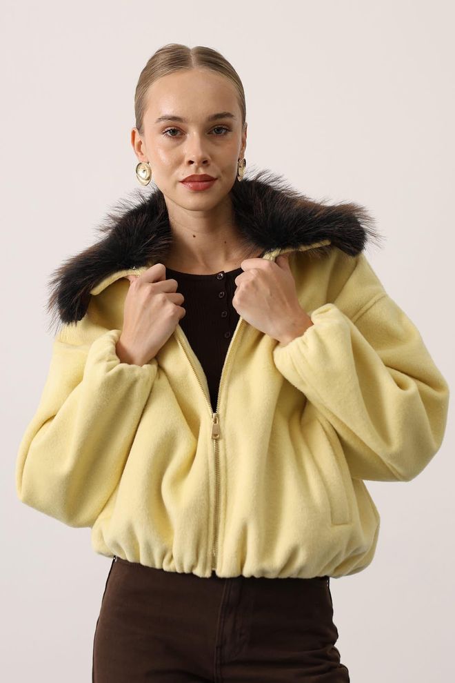 Reyon Jaqueta Bomber Amarela Com Colar Entalhado Roupas por atacado A relaxar