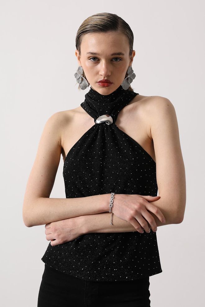 Reyon Blusa Preta Com Lantejoulas Slim Fit Gola Alta Sem Mangas Roupas por atacado Vintage