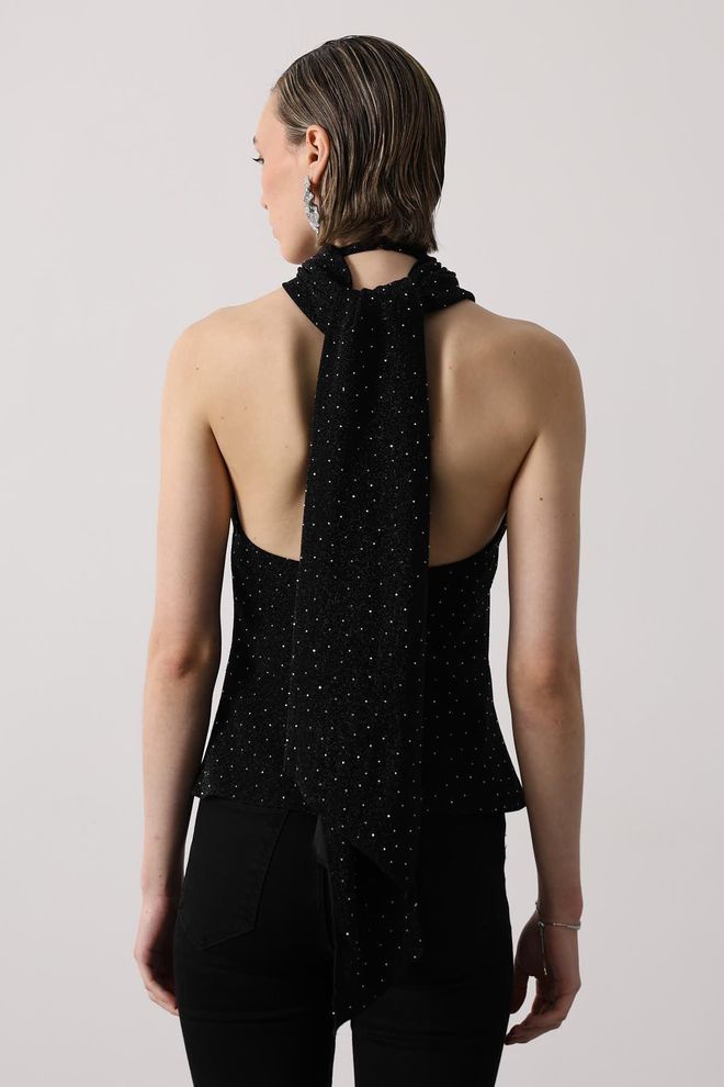 Reyon Blusa Preta Com Lantejoulas Slim Fit Gola Alta Sem Mangas Roupas por atacado Sensual