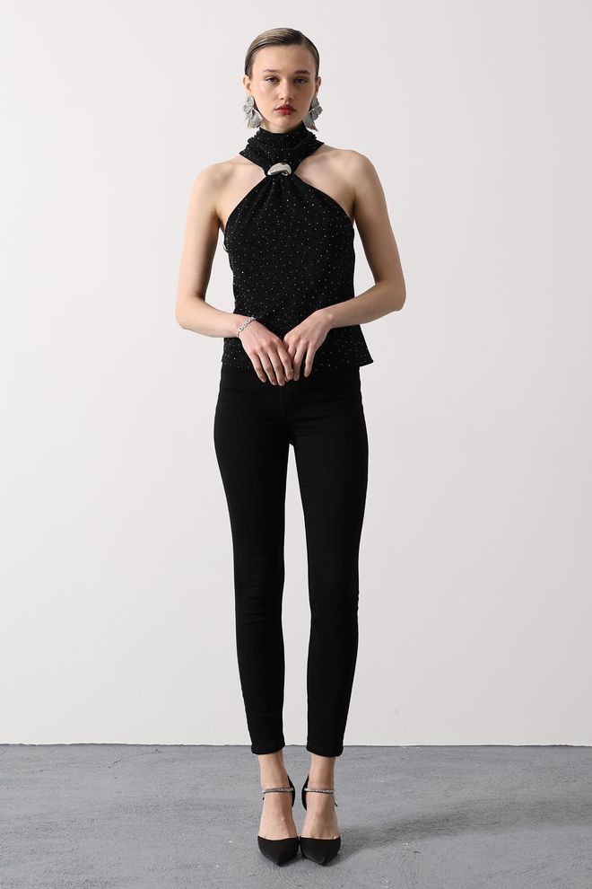 Reyon Blusa Preta Com Lantejoulas Slim Fit Gola Alta Sem Mangas Roupas por atacado 1