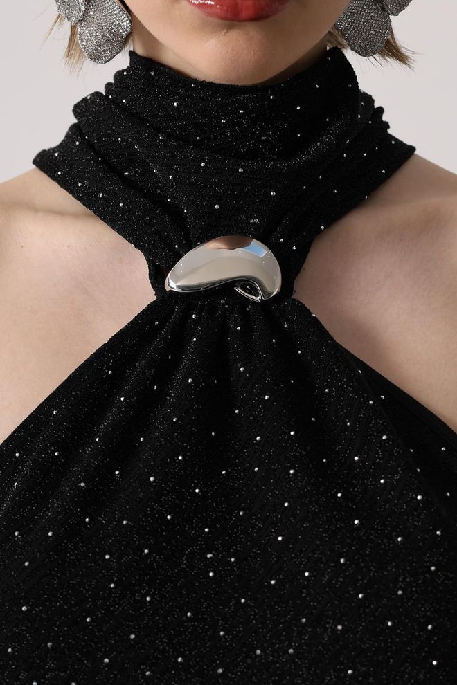 Reyon Blusa Preta Com Lantejoulas Slim Fit Gola Alta Sem Mangas Roupas por atacado Primavera