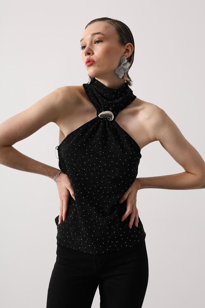 Reyon Blusa Preta Com Lantejoulas Slim Fit Gola Alta Sem Mangas Roupas por atacado Cocktail