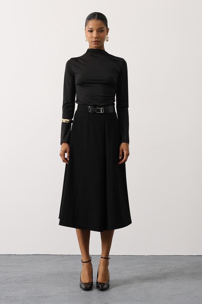 Reyon Black Elegant Formal Vintage Flared Midi Skirt Wholesale Clothing Vintage