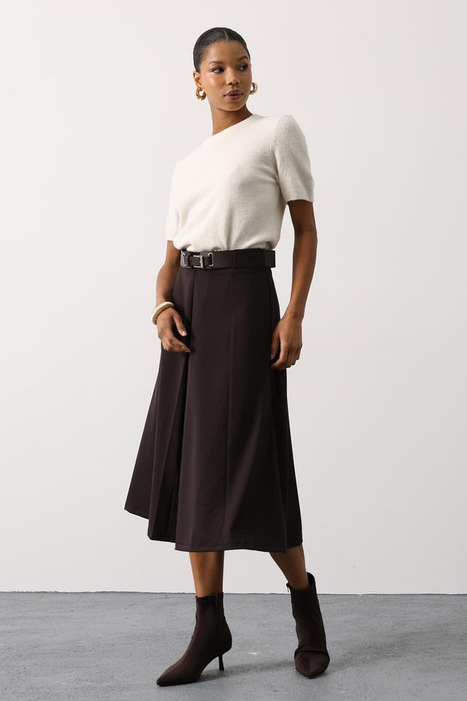 Reyon Brown Elegant Flared Midi Skirt With Buckle Wholesale Clothing Modest