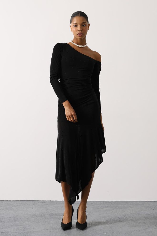 Reyon Zwarte Bodycon Jurk Met Off Shoulder Hals Groothandel Kleding Formeel