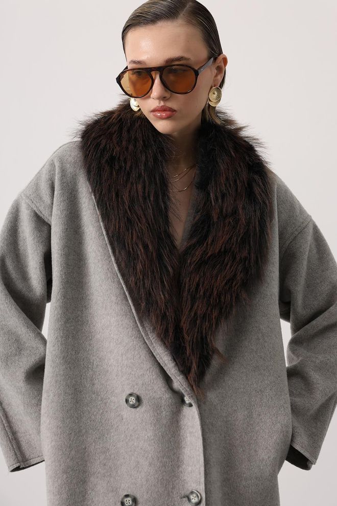 Reyon Casaco Cinzento Elegante Vintage Com Abotoaduras Duplas Roupas por atacado Vintage