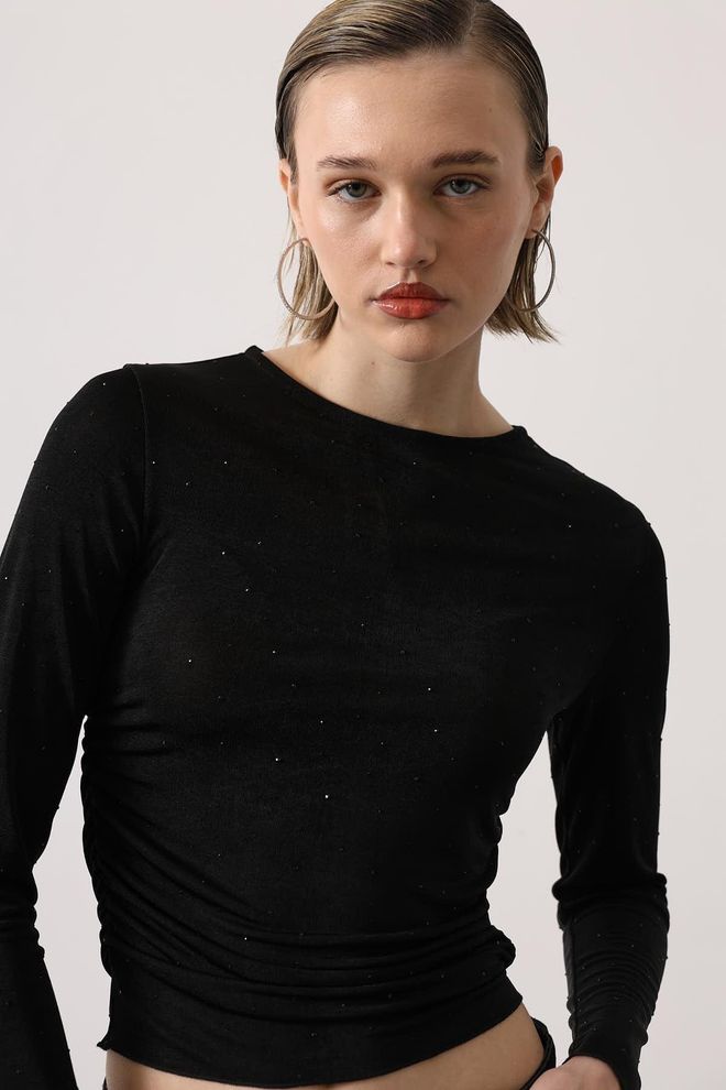 Reyon Black Elegant Fitted Sequined Bodysuit With Long Sleeves Wholesale Clothing Casual