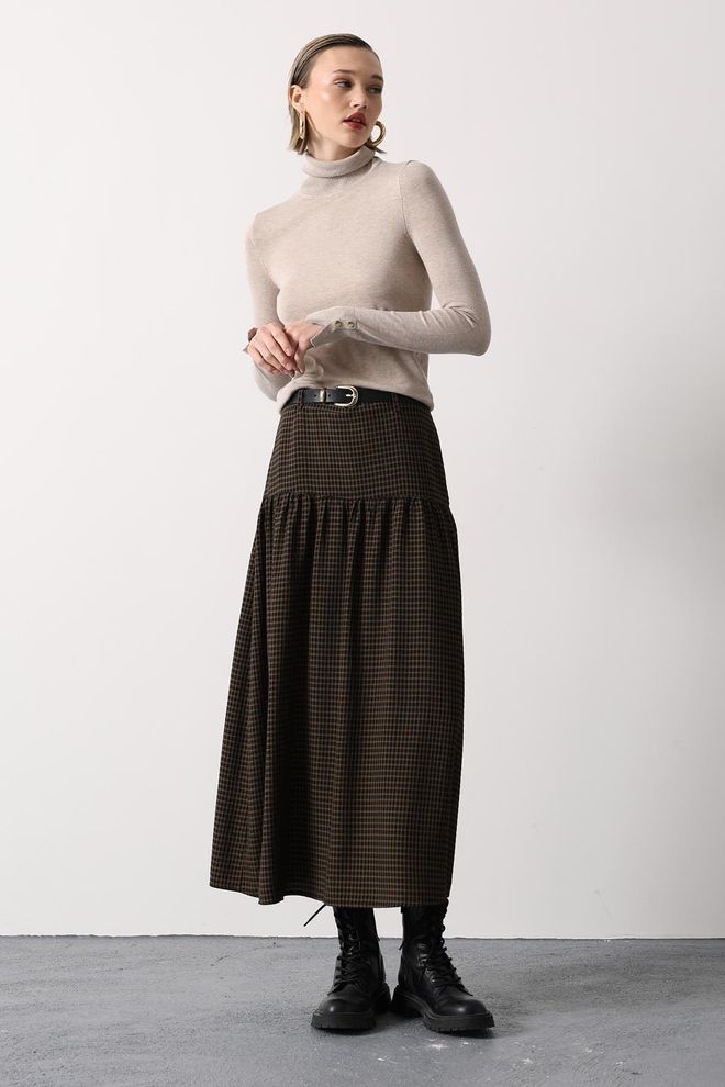 Reyon Brown Checkered Layered Maxi Skirt Wholesale Clothing Modest