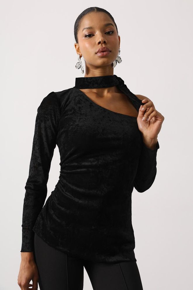 Reyon Черная Приталенная Блузка С Вырезом На Одно Плечо Оптовая продажа одежды Сексуальный