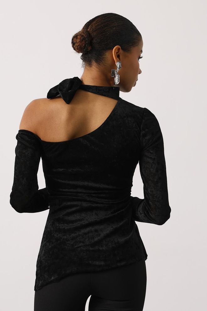 Reyon Black Slim Fit One Shoulder Neck Blouse Wholesale Clothing Formal