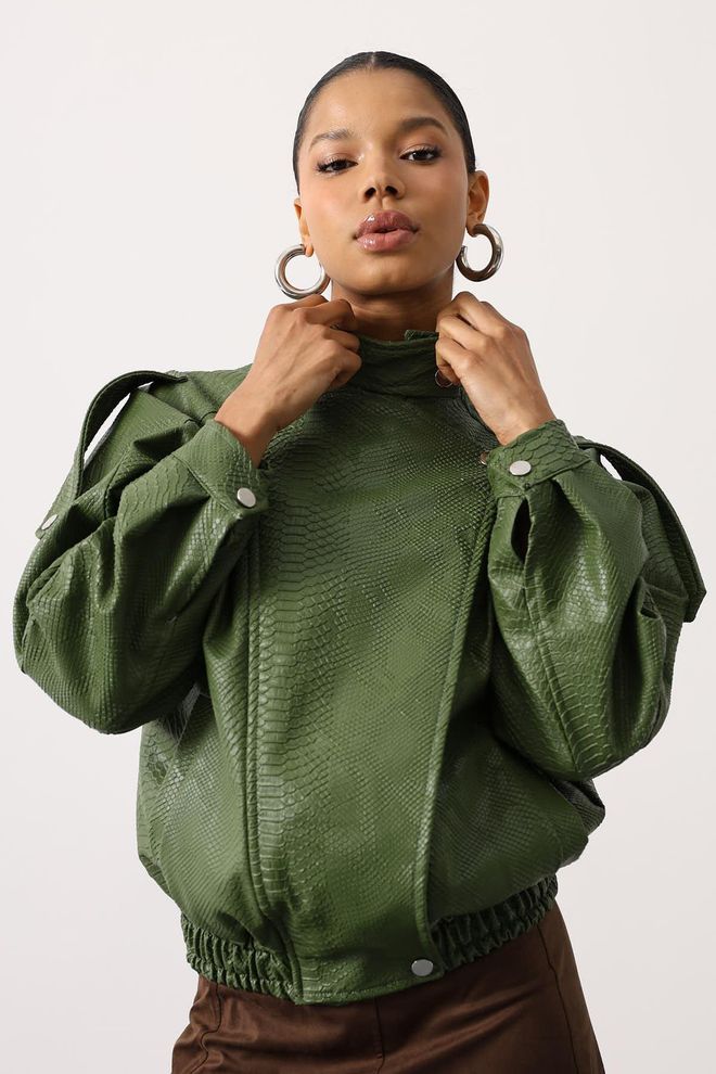 Reyon Green Bomber Jacket With Animal Print And High Collar Wholesale Clothing Casual