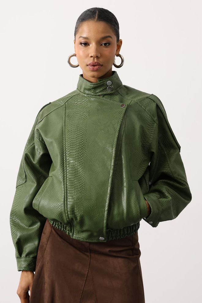 Reyon Green Bomber Jacket With Animal Print And High Collar Wholesale Clothing 1