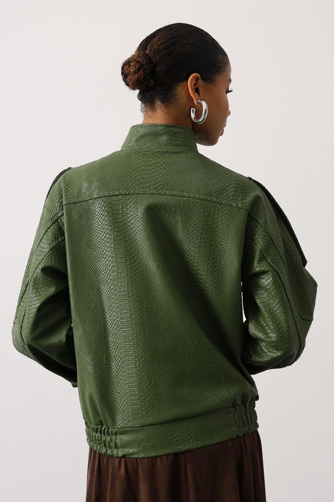 Reyon Green Bomber Jacket With Animal Print And High Collar Wholesale Clothing Streetwear