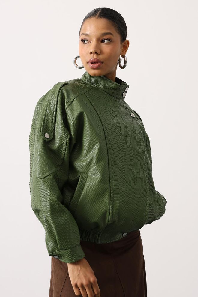 Reyon Green Bomber Jacket With Animal Print And High Collar Wholesale Clothing Lounge