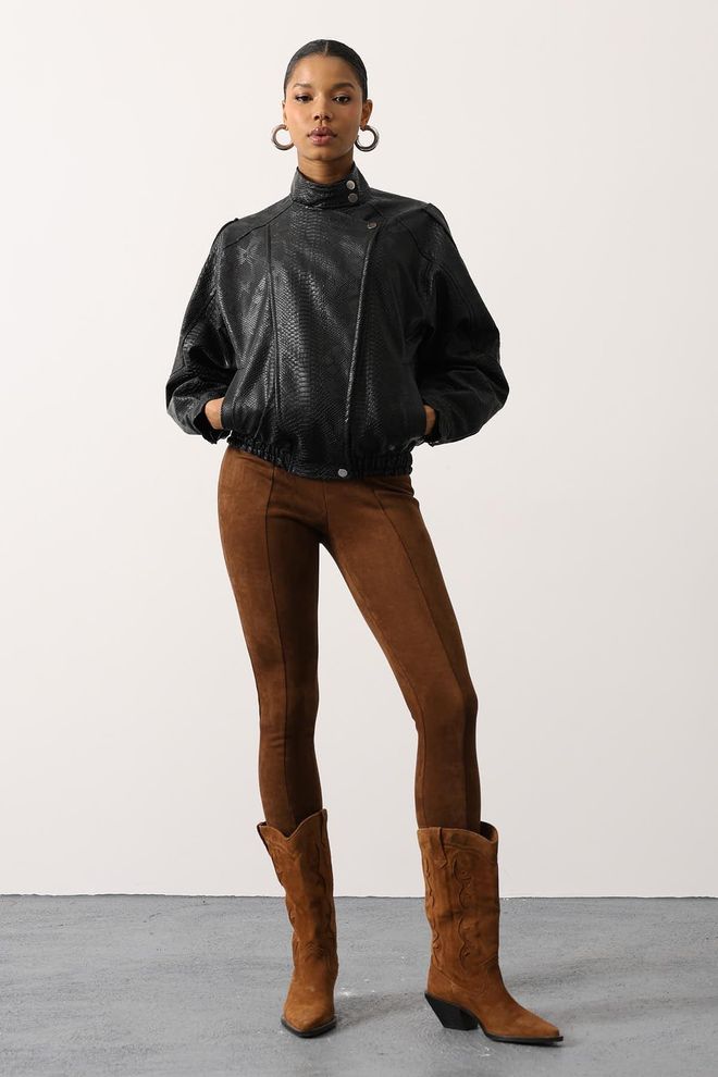 Reyon Black Biker Jacket With Animal Print And Oversized Fit Wholesale Clothing Casual