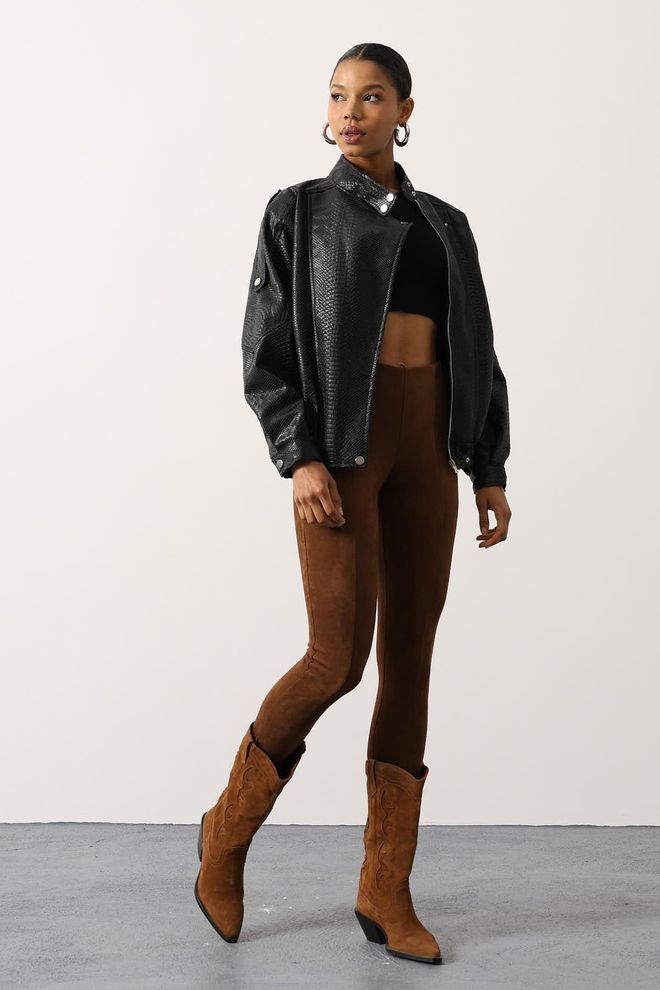 Reyon Black Biker Jacket With Animal Print And Oversized Fit Wholesale Clothing 1