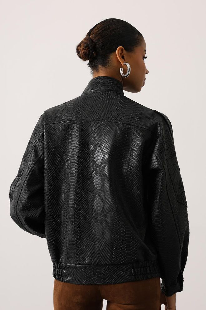 Reyon Black Biker Jacket With Animal Print And Oversized Fit Wholesale Clothing Vintage