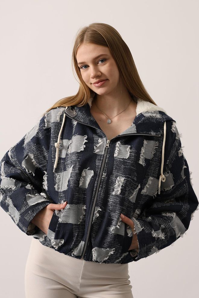 Reyon Blue Casual Hooded Oversized Zip Up Jacket Wholesale Clothing Casual