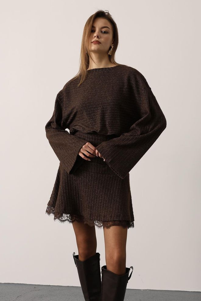 Reyon Brown Mini Sweater Dress With Boat Neck Wholesale Clothing Modest