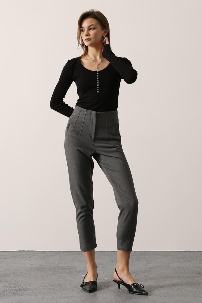 Reyon Grey High Waist Cigarette Pants Wholesale Clothing Casual