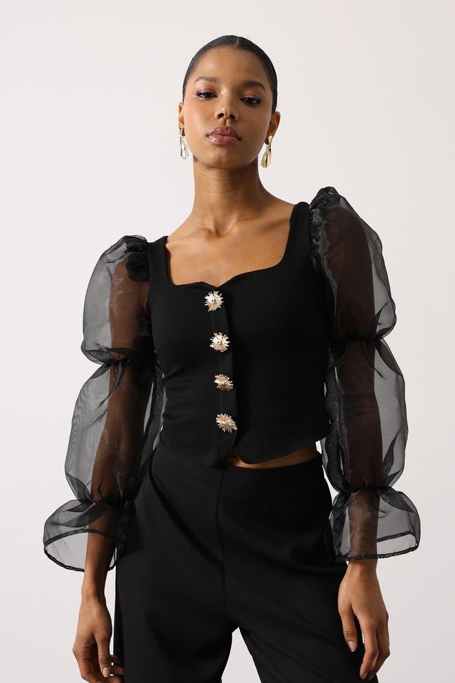 Reyon Blusa Crop Slim Fit Negra Con Mangas Globo Ropa al por mayor Antiguo