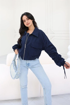 A wholesale clothing model wears rey11404-elastic-waist-gathered-sleeves-bomber-jacket-navy-blue, Turkish wholesale Jacket of Reyon