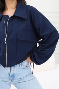 A wholesale clothing model wears rey11404-elastic-waist-gathered-sleeves-bomber-jacket-navy-blue, Turkish wholesale Jacket of Reyon