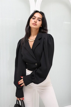 A wholesale clothing model wears rey11420-button-detailed-double-breasted-blouse-black, Turkish wholesale Jacket of Reyon