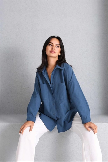 A wholesale clothing model wears  Two Pocket Poplin Shirt - Indigo
, Turkish wholesale Shawl of Reyon