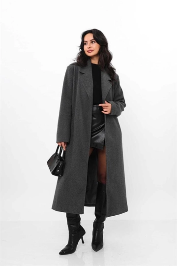 A wholesale clothing model wears  Wholesale Double Breasted Belted Coat Anthracite - Anthracite
, Turkish wholesale Coat of Reyon