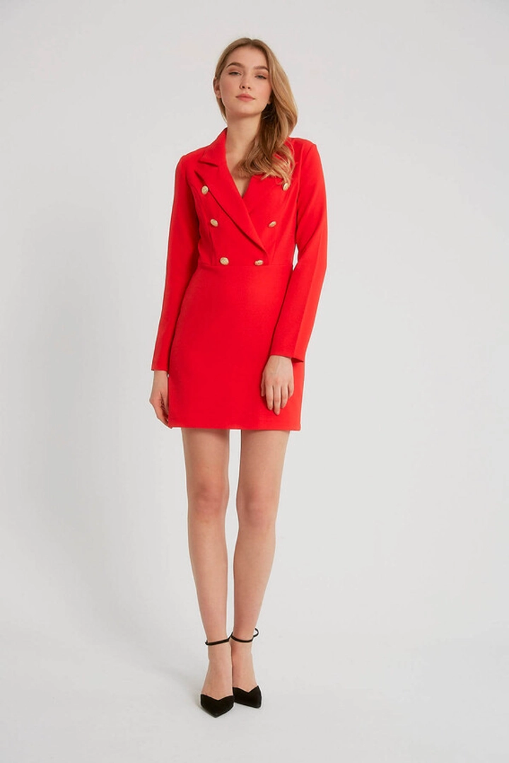 Una modella di abbigliamento all'ingrosso indossa 3491 - Red Dress, vendita all'ingrosso turca di Vestito di Robin