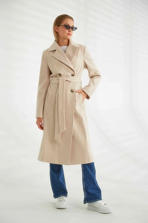 A model wears 26277 - Coat - Stone, wholesale Coat of Robin to display at Lonca