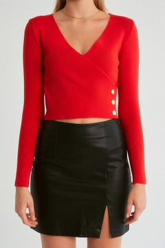 A wholesale clothing model wears 20277 - Knitwear - Red, Turkish wholesale Sweater of Robin