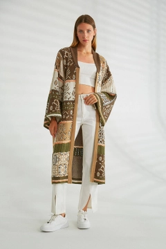 A wholesale clothing model wears 21287 - Knitwear Cardigan - Khaki And Brown, Turkish wholesale Cardigan of Robin