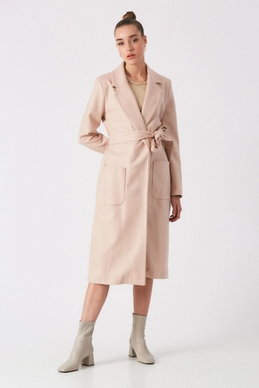 A model wears 21357 - Coat - Stone, wholesale Coat of Robin to display at Lonca