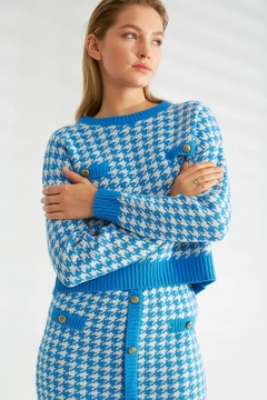 A wholesale clothing model wears 21397 - Knitwear Suit - Turquoise, Turkish wholesale Suit of Robin