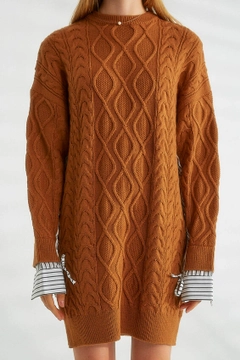 Bir model, Robin toptan giyim markasının 32461 - Sweater - Tan toptan Kazak ürününü sergiliyor.