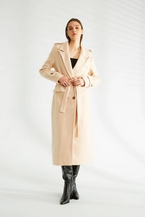 A model wears 32522 - Overcoat - Stone, wholesale undefined of Robin to display at Lonca