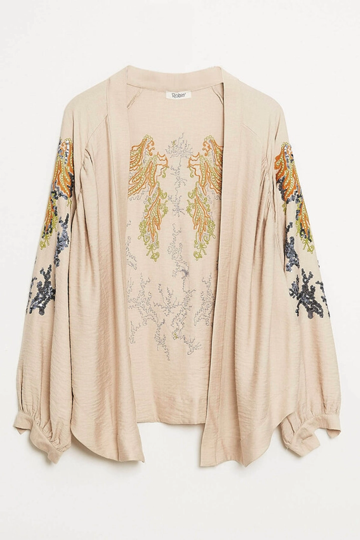 A wholesale clothing model wears 44484 - Kimono - Stone Color, Turkish wholesale Kimono of Robin