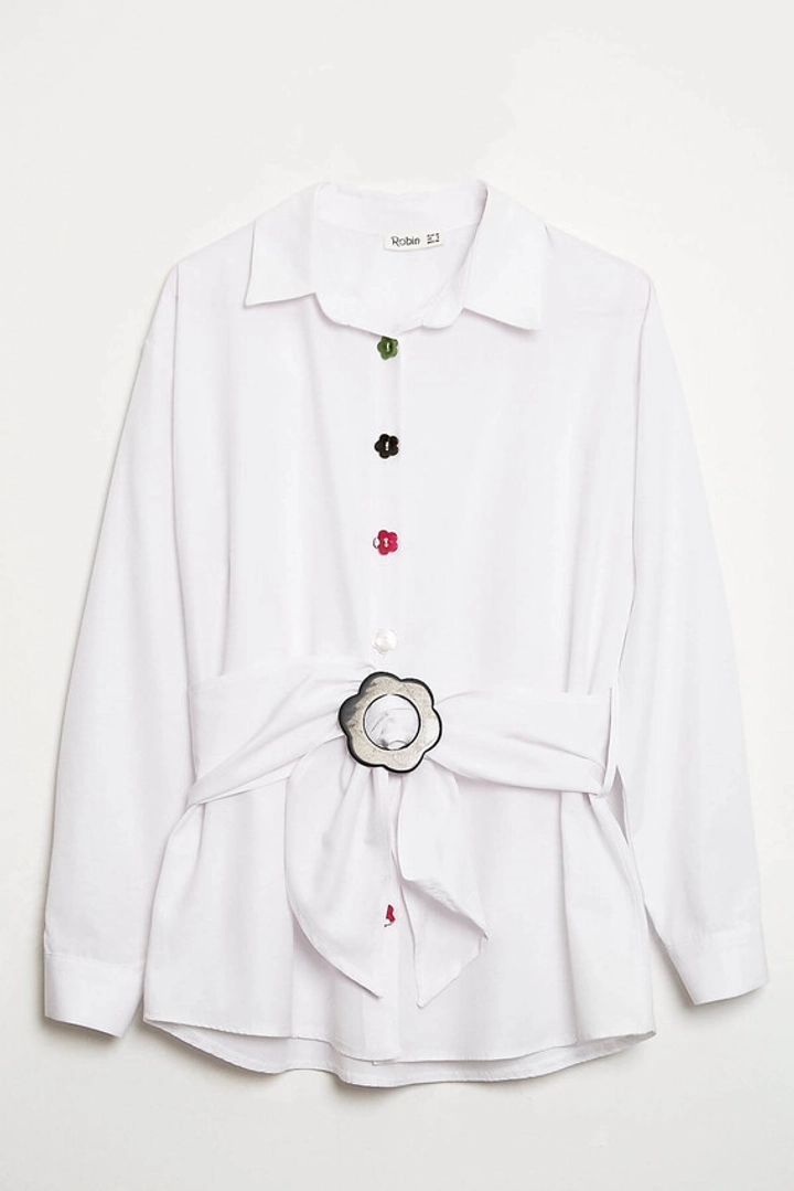 Una modella di abbigliamento all'ingrosso indossa 44570 - Shirt - White, vendita all'ingrosso turca di Camicia di Robin