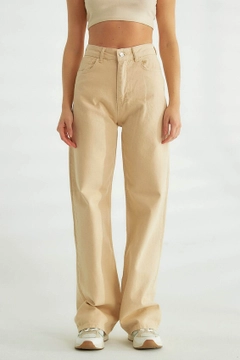 Bir model, Robin toptan giyim markasının ROB10042 - Trousers - Beige toptan Pantolon ürününü sergiliyor.